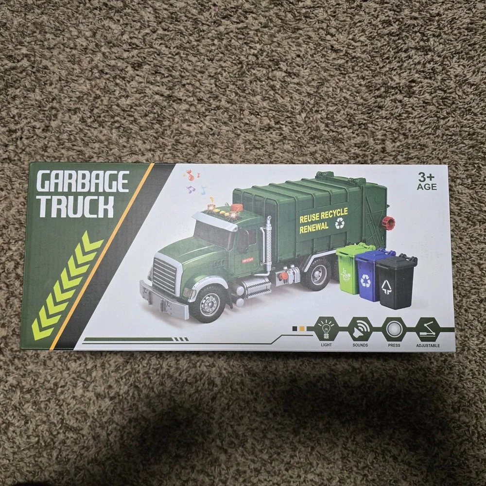 Bstoyder Green Garbage Truck Toy with Lights Sounds‎ and 3 Trash Cans New in Box